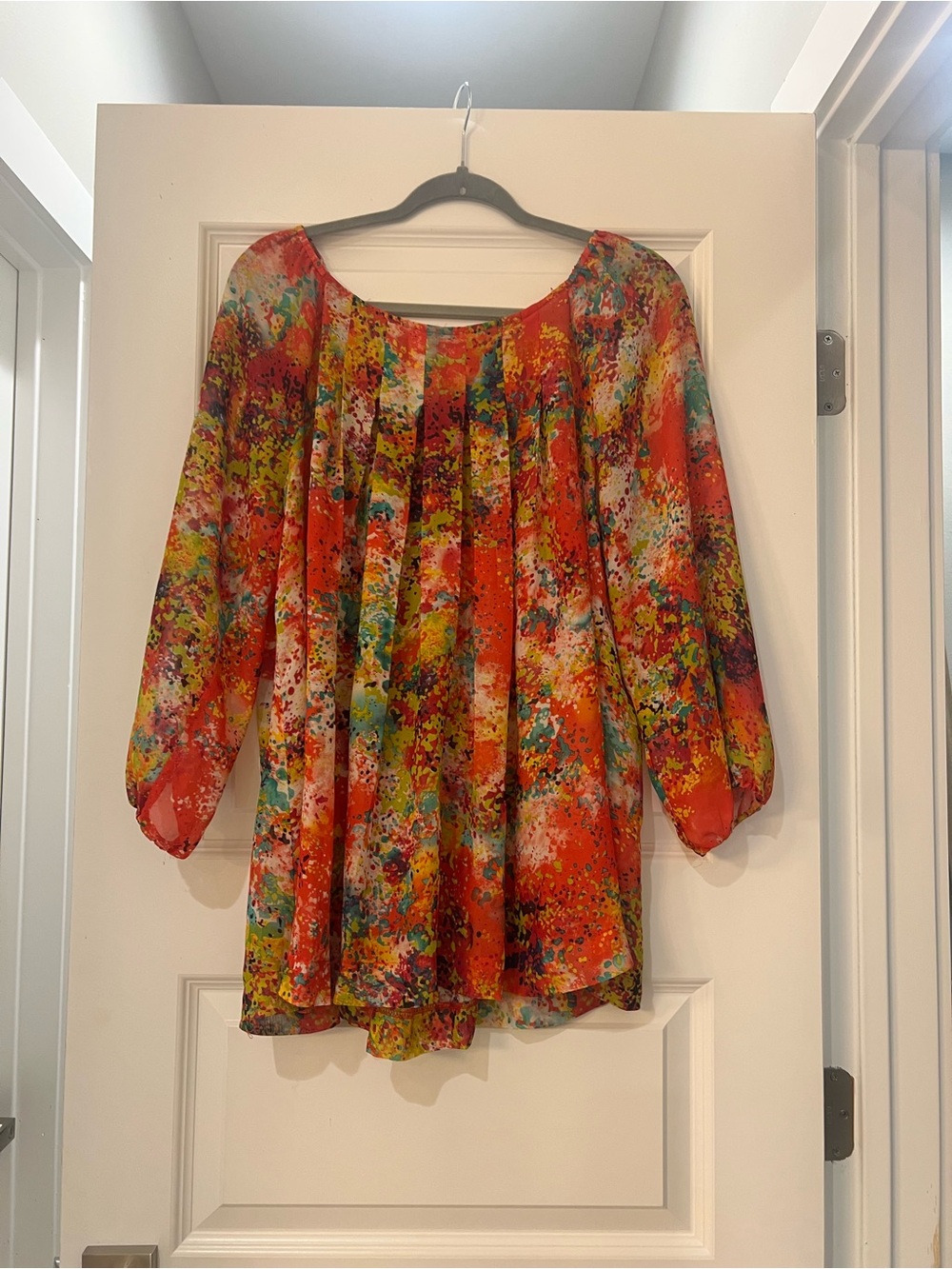 Women’s Multicolor Abstract Print Pleated Tunic Blouse 3/4 Balloon Sleeve Top